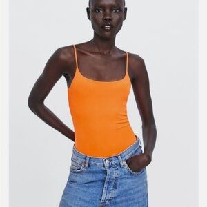 ZARA Neon Orange Spaghetti Strap Bodysuit Size S